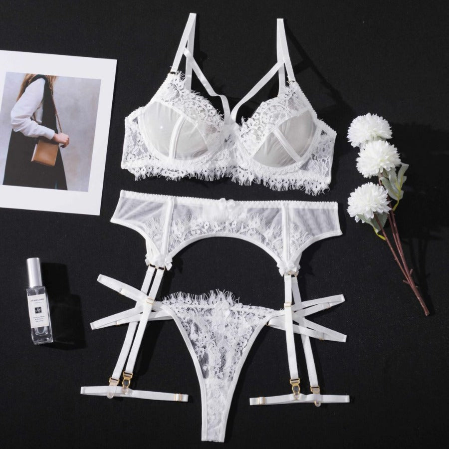 Carsine Lace see-through eyelash lace suspenders sexy lingerie G string Thong White / S