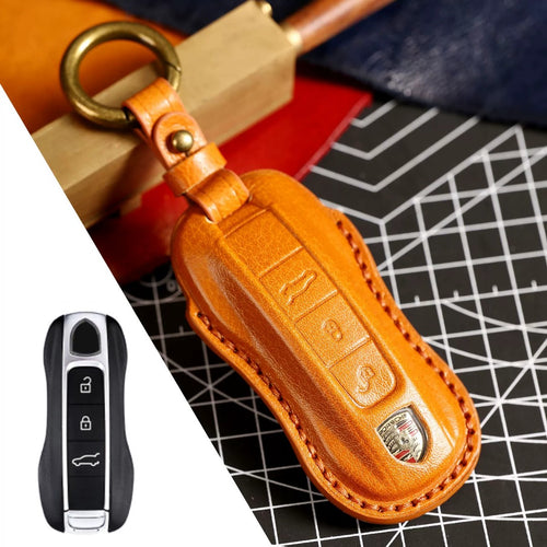 Carsine Porsche Key Fob Cover | Genuine Leather, Waterproof Design | Fits All Models Brown / A