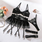 Carsine See-through sexy lingerie 4-piece set with tutu skirt G string Thong Black / S