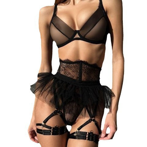 Carsine See-through sexy lingerie 4-piece set with tutu skirt G string Thong Black / S