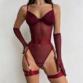 Carsine Red mesh bodysuit with gloves, belt and garters Red / S