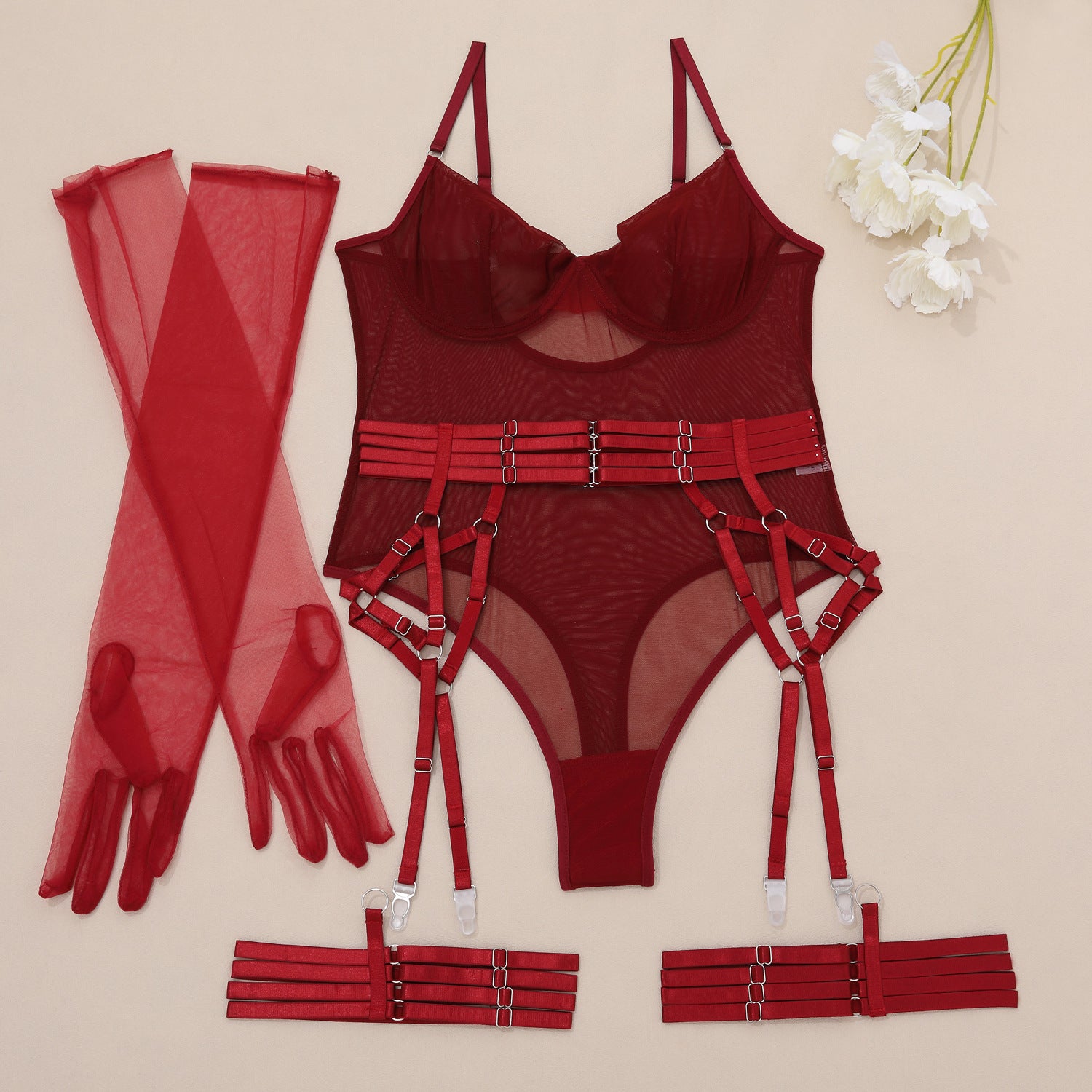 Red mesh bodysuit with gloves, belt and garters