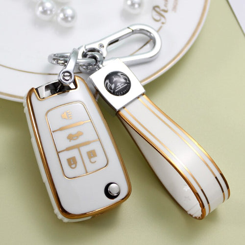 Carsine Chevrolet Holden GMC Buick Car Key Case Golden Edge White / Key case + strap