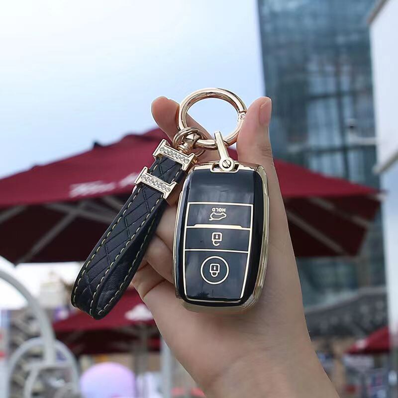 Carsine Kia Car Key Case Golden Edge Black / Key case + H chain