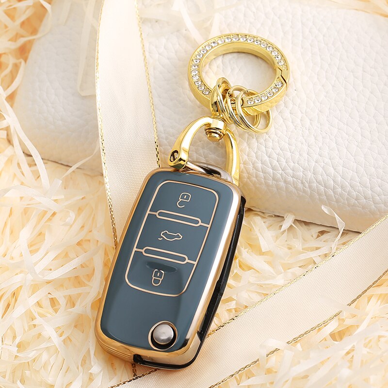 Carsine Volkswagen Car Key Case Golden Edge Grey / Key case + O chain